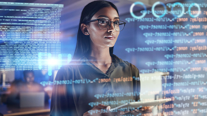 Woman with coding graphics